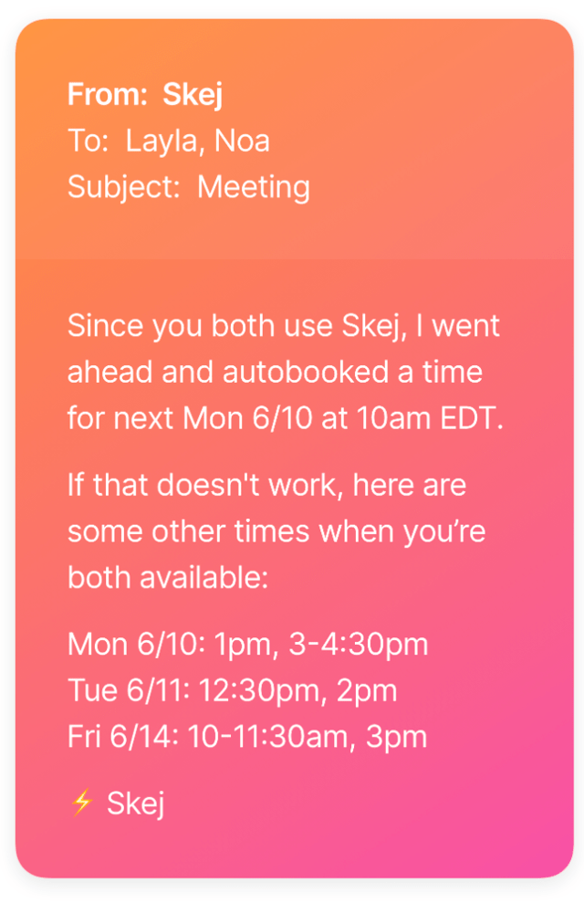 Skej autobooks meetings between two customers.