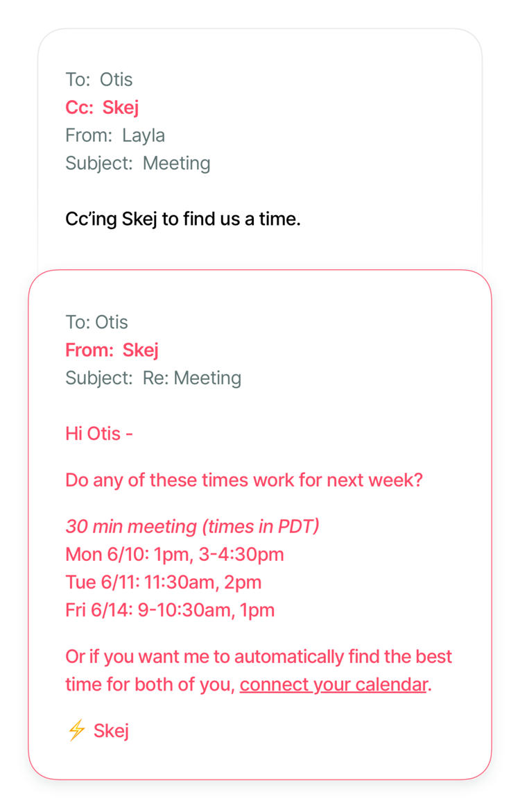 Email conversation example showing Skej in action