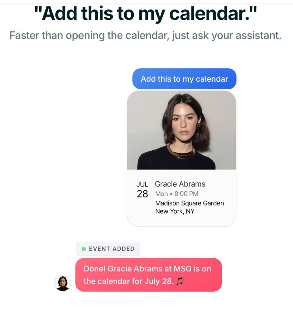 Calendar event reminder for Gracie Abrams concert on July 28 at Madison Square Garden, New York, NY, with a confirmation message.