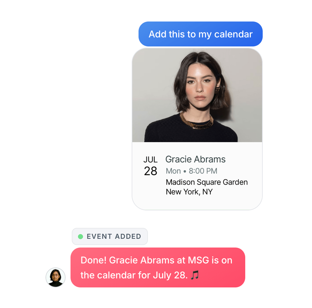 Calendar event for Gracie Abrams concert on July 28 at Madison Square Garden, New York, displaying a photo and confirmation message.