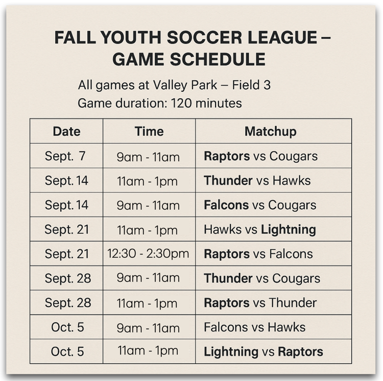 Soccer schedule example