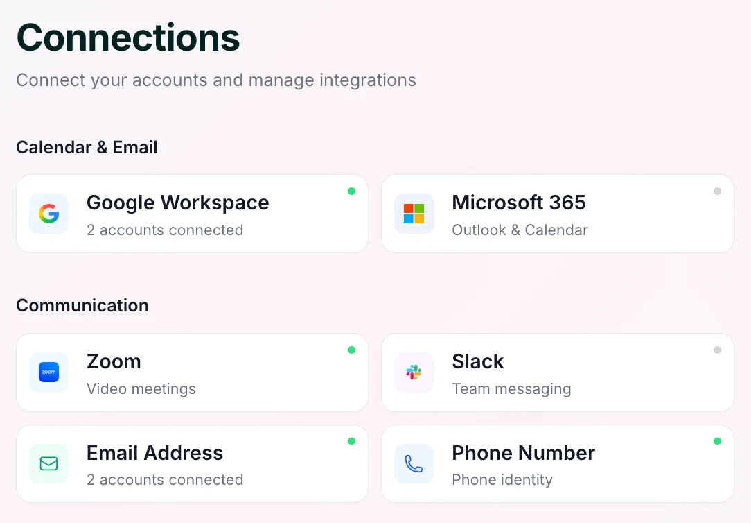 The Connections page in Skej where you can add and manage additional email accounts.