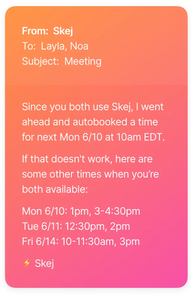 Skej instantly booking a meeting with internal contacts based on everyone's availability.