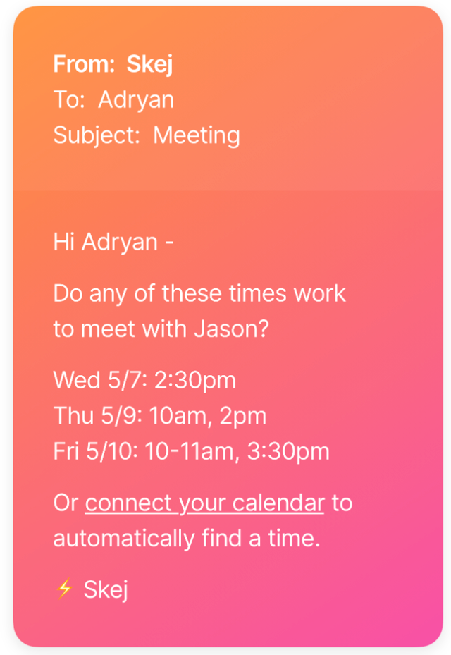 Skej proposing times to a non-Skej user with a link to connect their calendar.