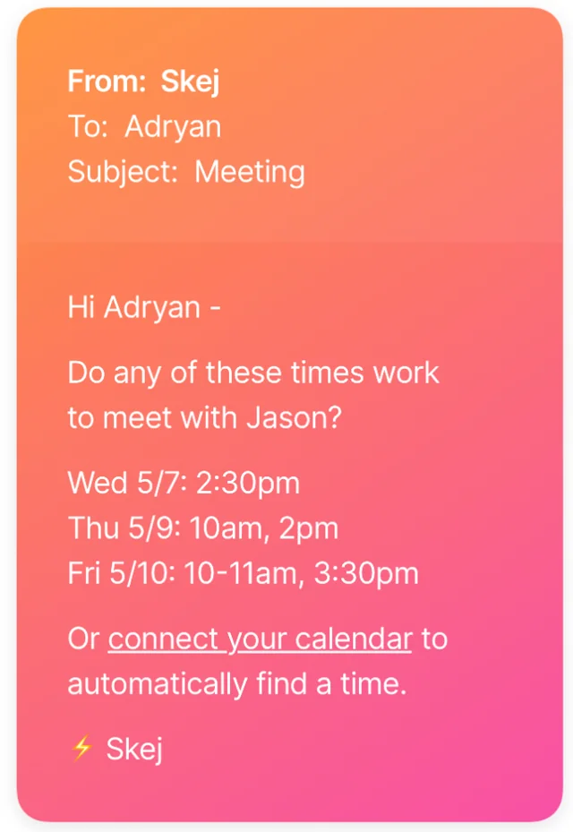 Skej proposing times to a non-Skej user with a link to connect their calendar.
