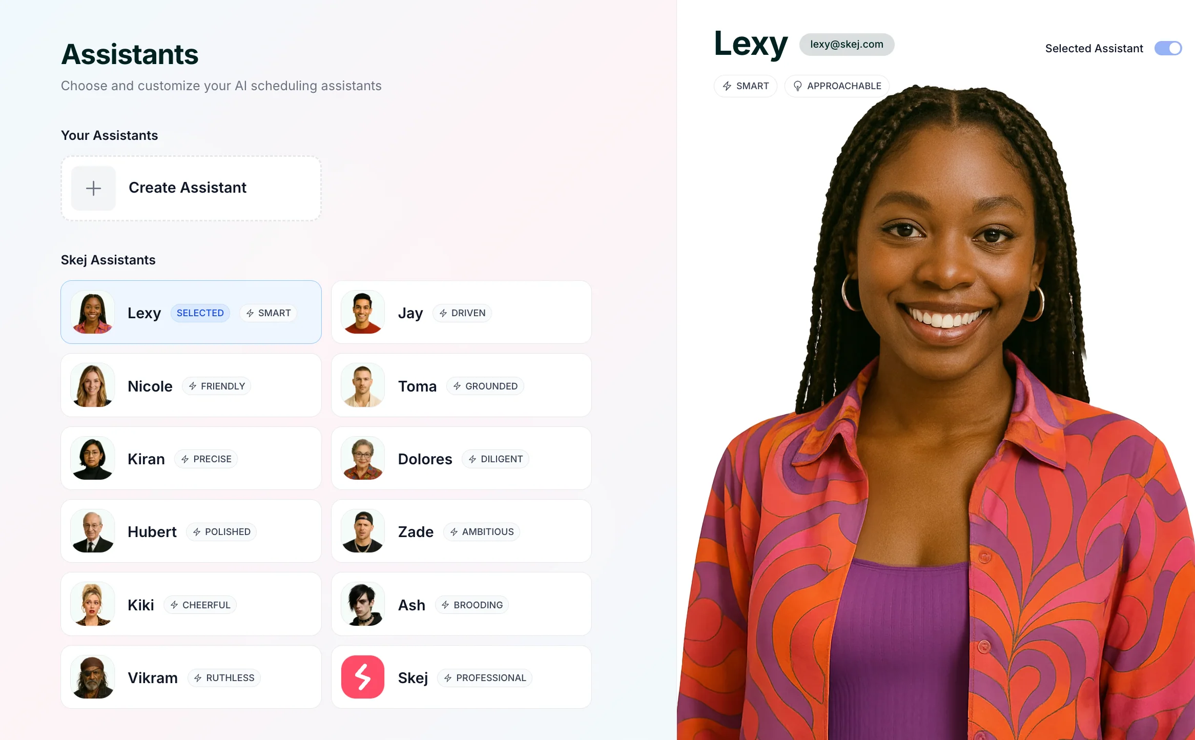 The assistant selection interface showing the available pre-made assistants and their avatars.