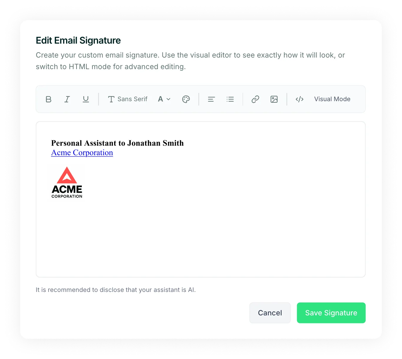 The signature editor interface where you can build a custom email signature for your assistant.