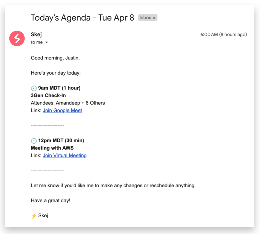 An example Daily Agenda email showing the day's events with times, links, titles, and attendees.