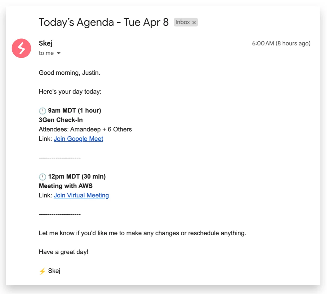 An example Daily Agenda email showing the day's events with times, links, titles, and attendees.