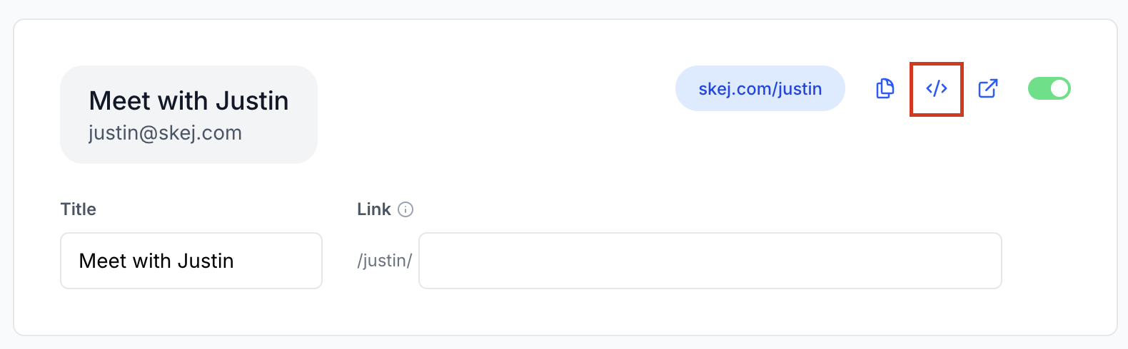 The Skej links interface with the Embed button location highlighted.