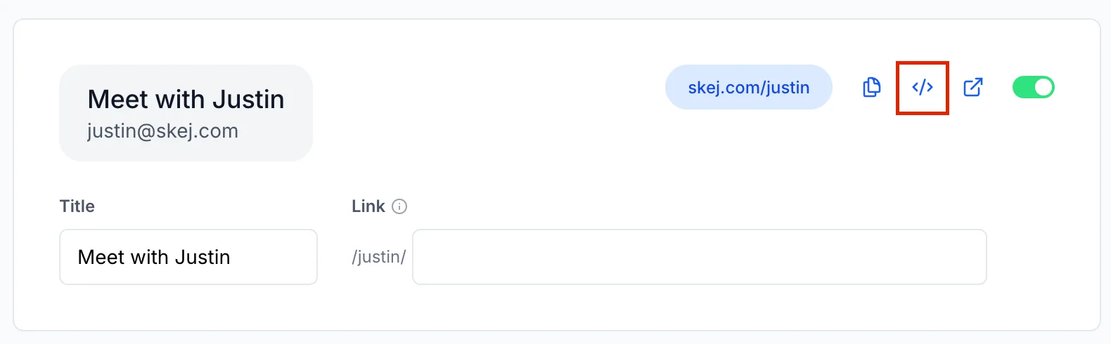 The Skej links interface with the Embed button location highlighted.