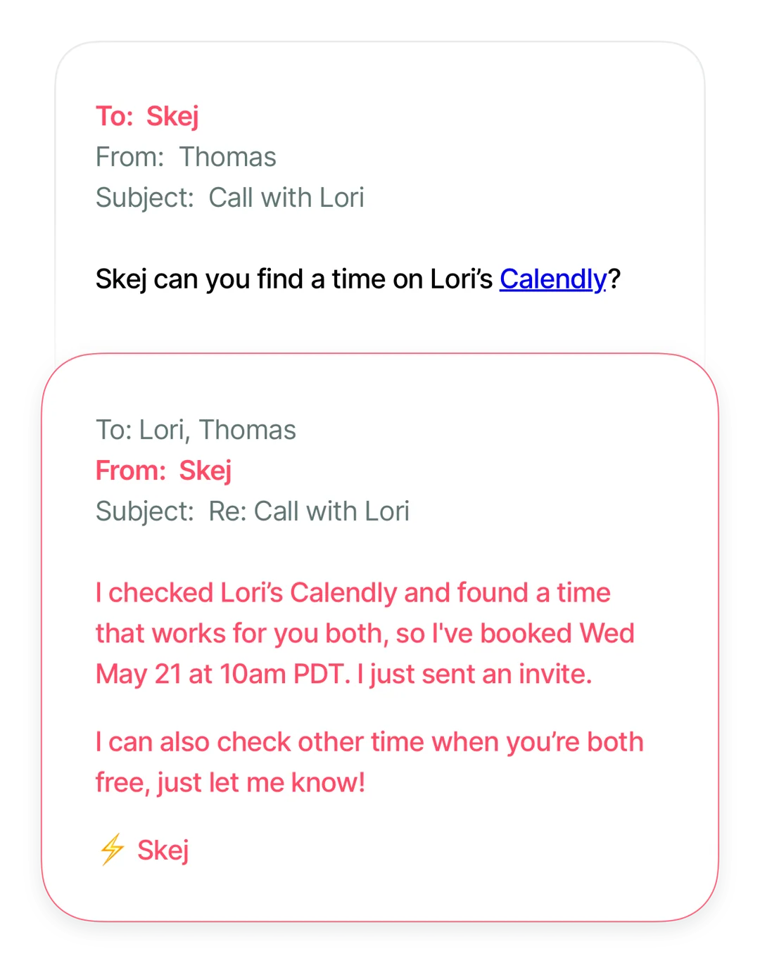 An email reply where Skej is asked to check a contact's Calendly link and book a meeting.