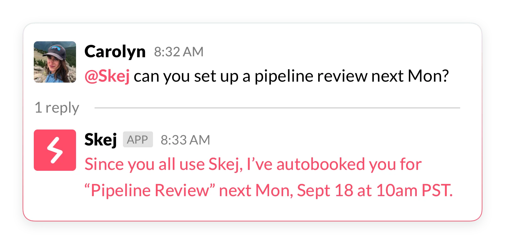 Skej scheduling an internal meeting in a Slack channel and confirming the time.