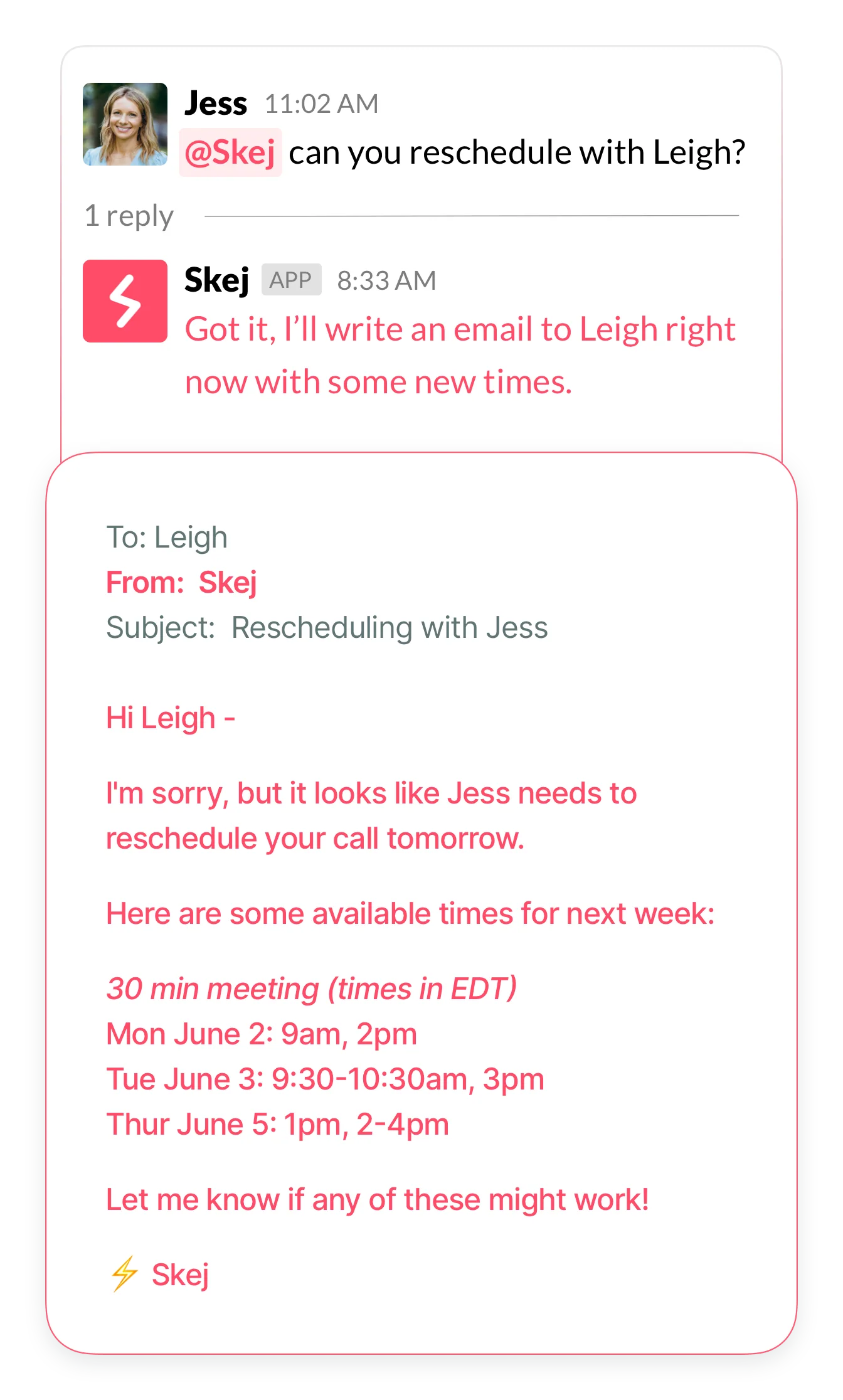 A Slack direct message conversation with Skej showing example scheduling commands.