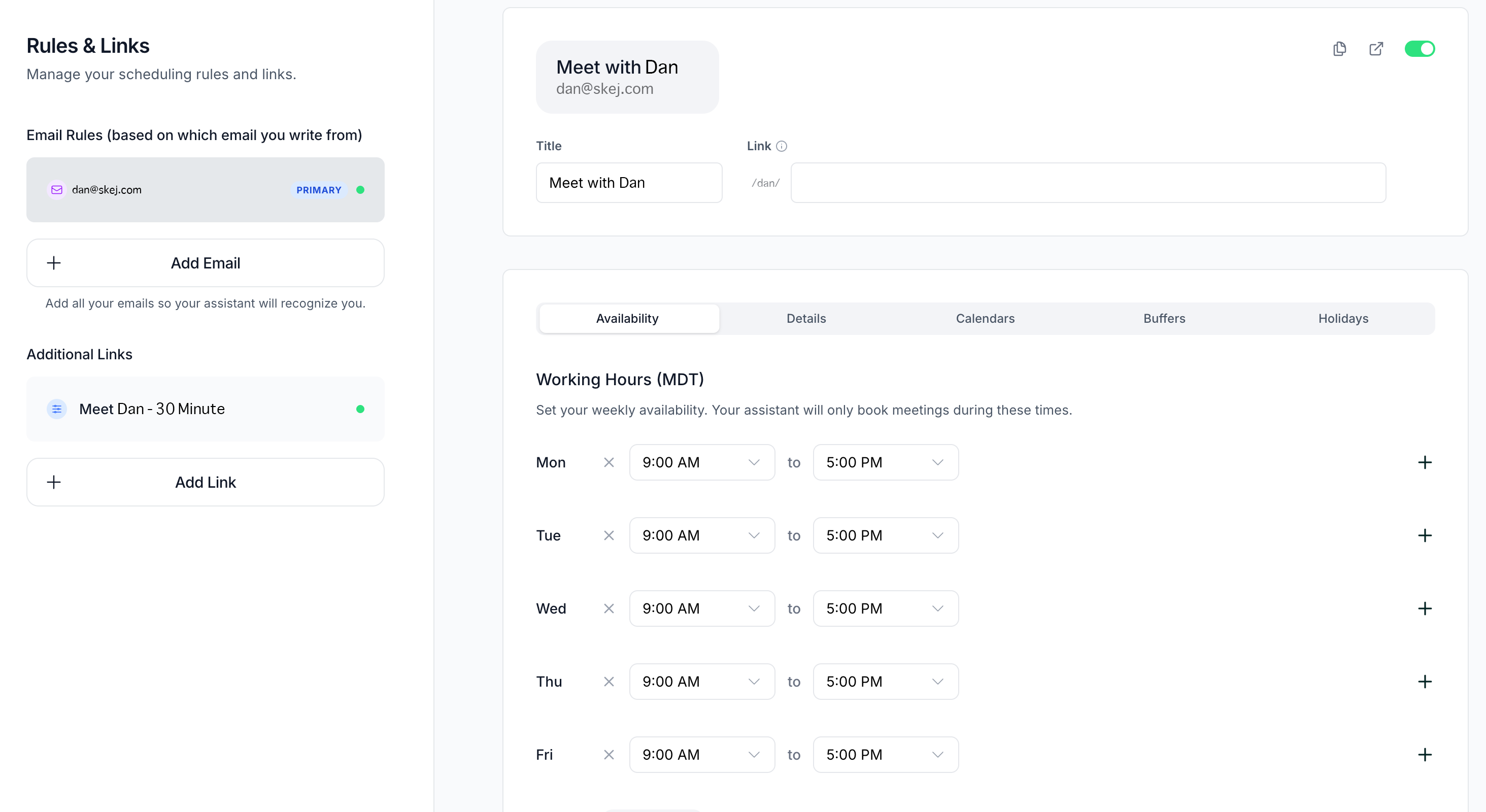 A booking link page showing available times based on your calendar settings.