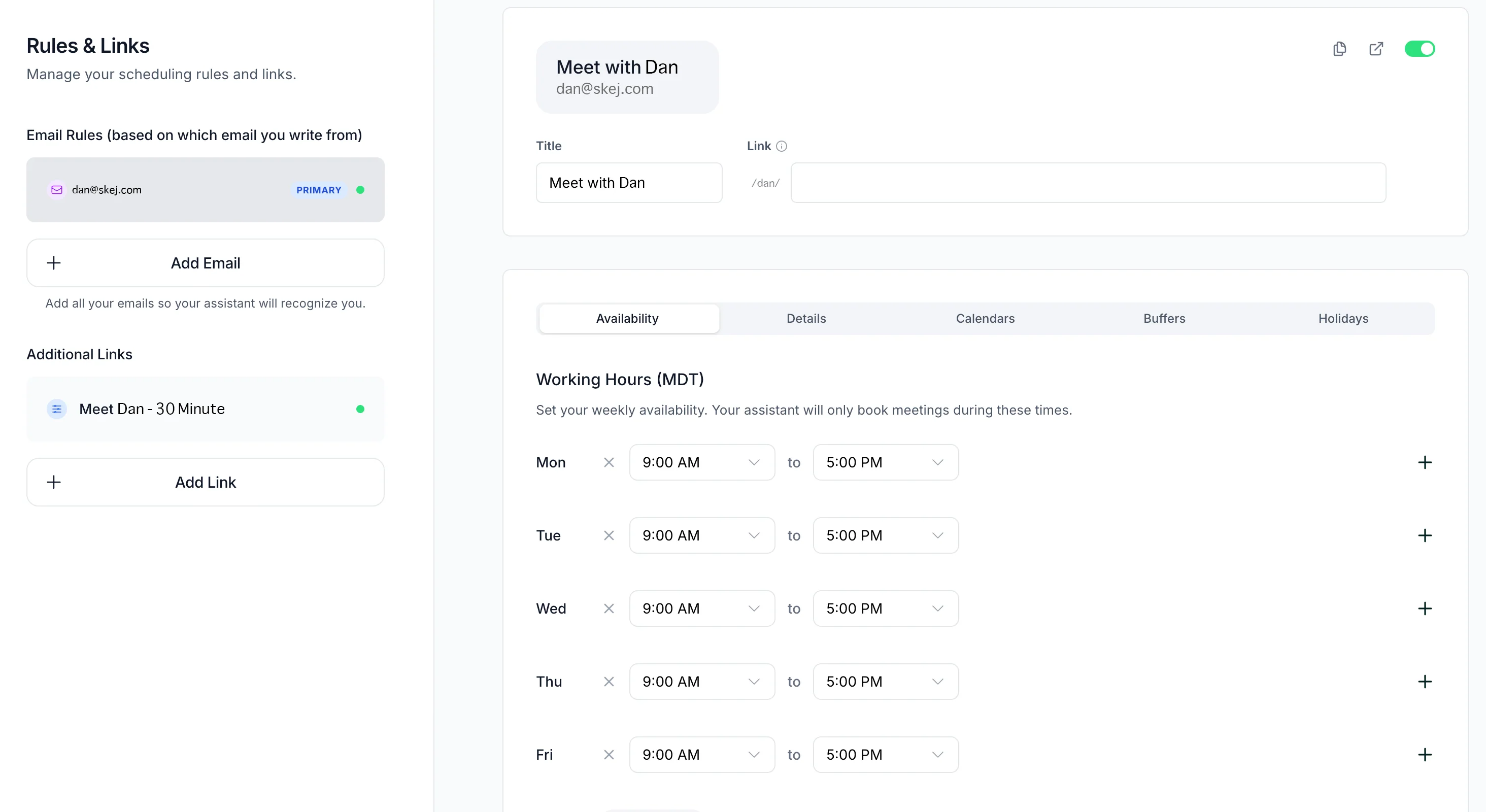 A booking link page showing available times based on your calendar settings.