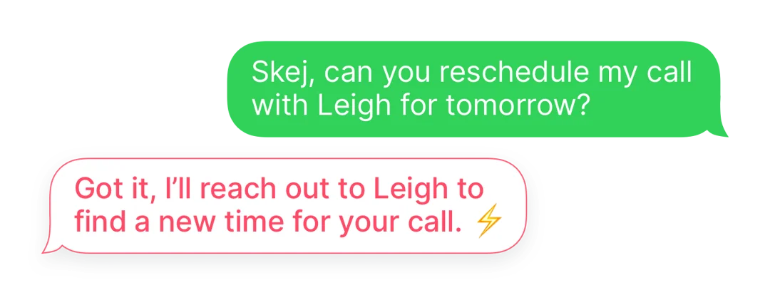 A text message conversation asking Skej to reschedule a meeting.