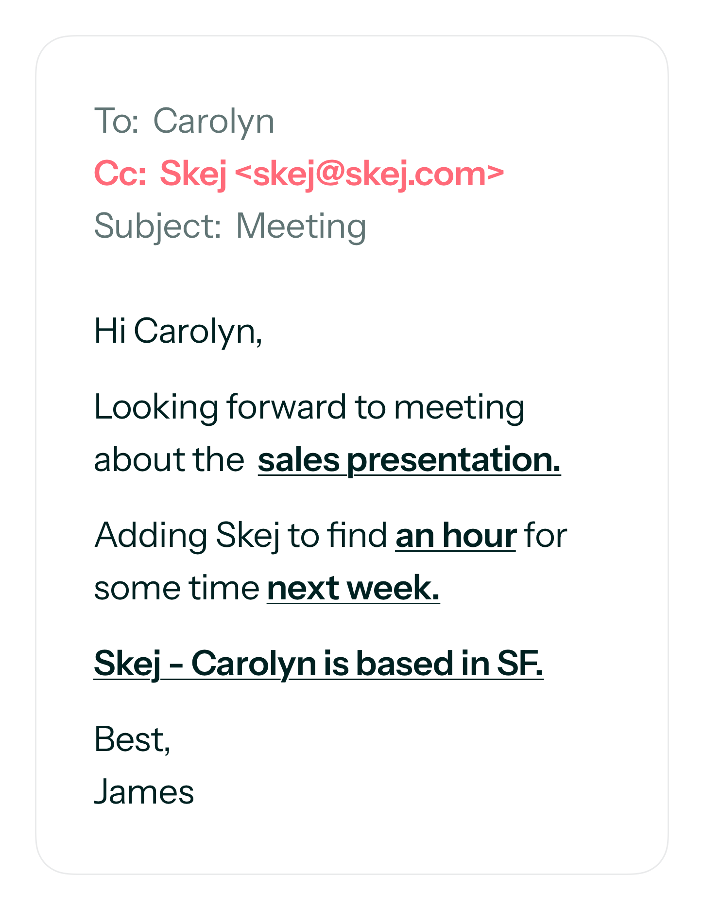 An email conversation demonstrating a conversational scheduling request to the assistant.