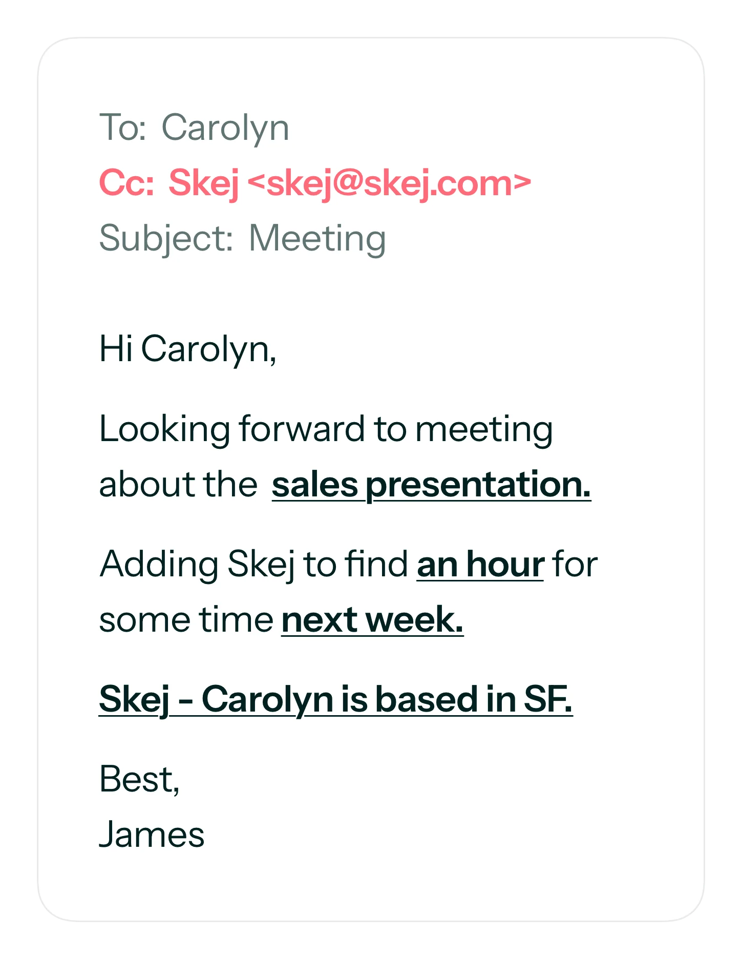 An email conversation demonstrating a conversational scheduling request to the assistant.