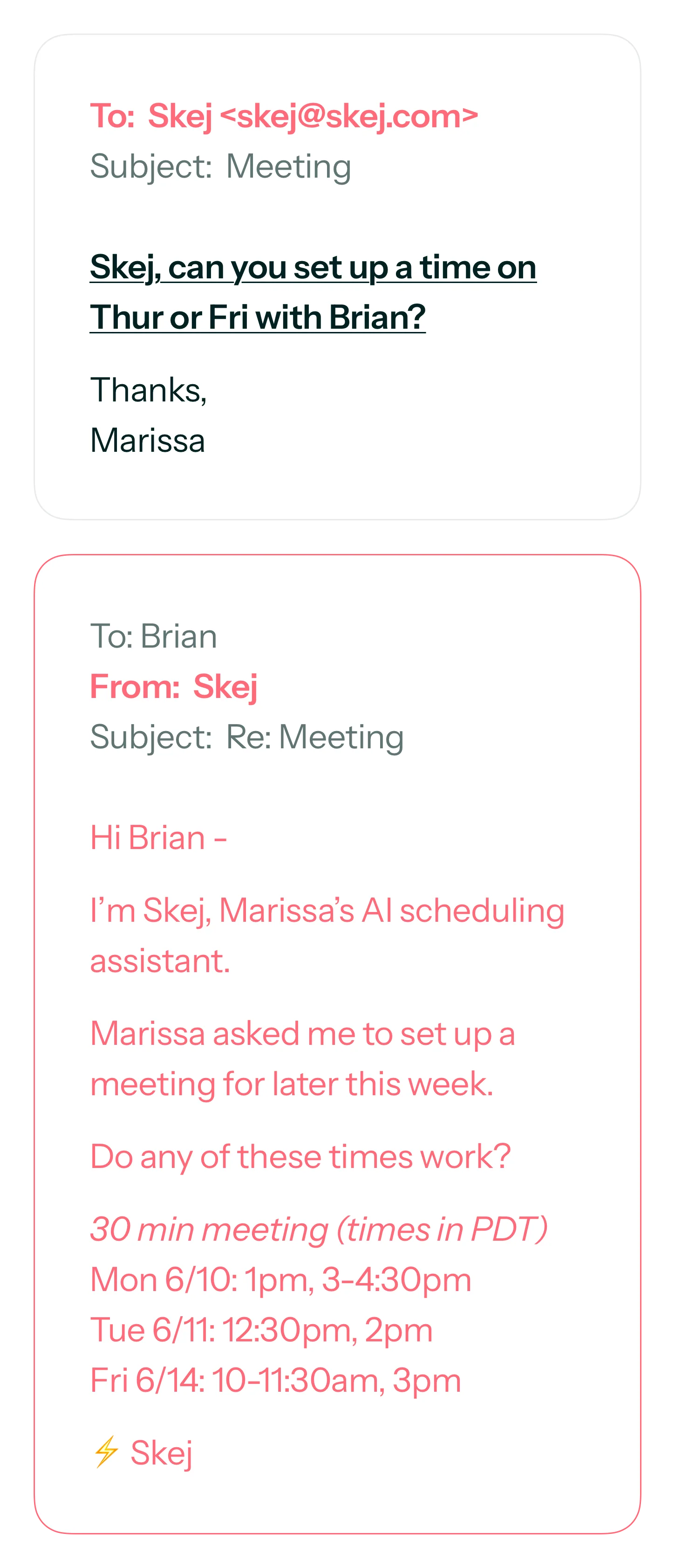 A 1:1 direct message to Skej requesting a meeting, with Skej reaching out to the other person by email.