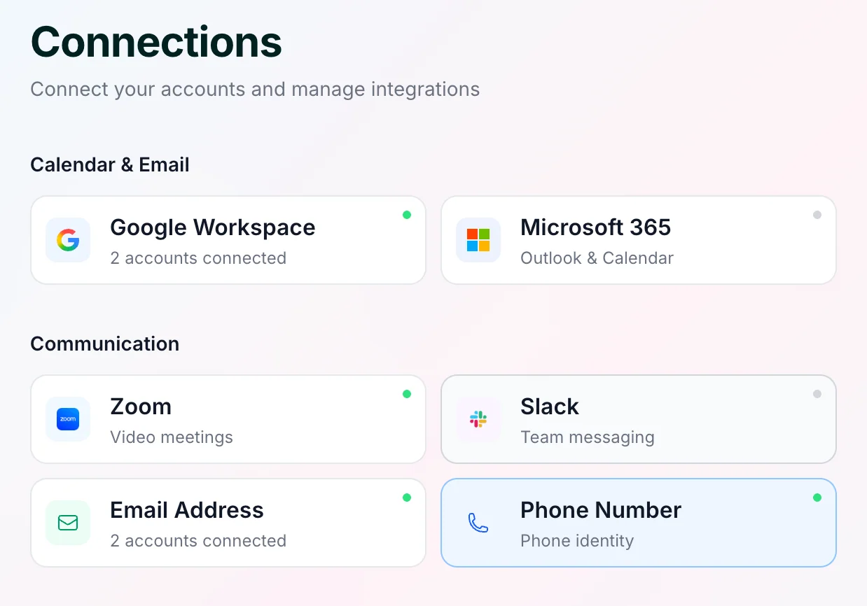 The Connections page in Skej settings where you can connect your phone number.