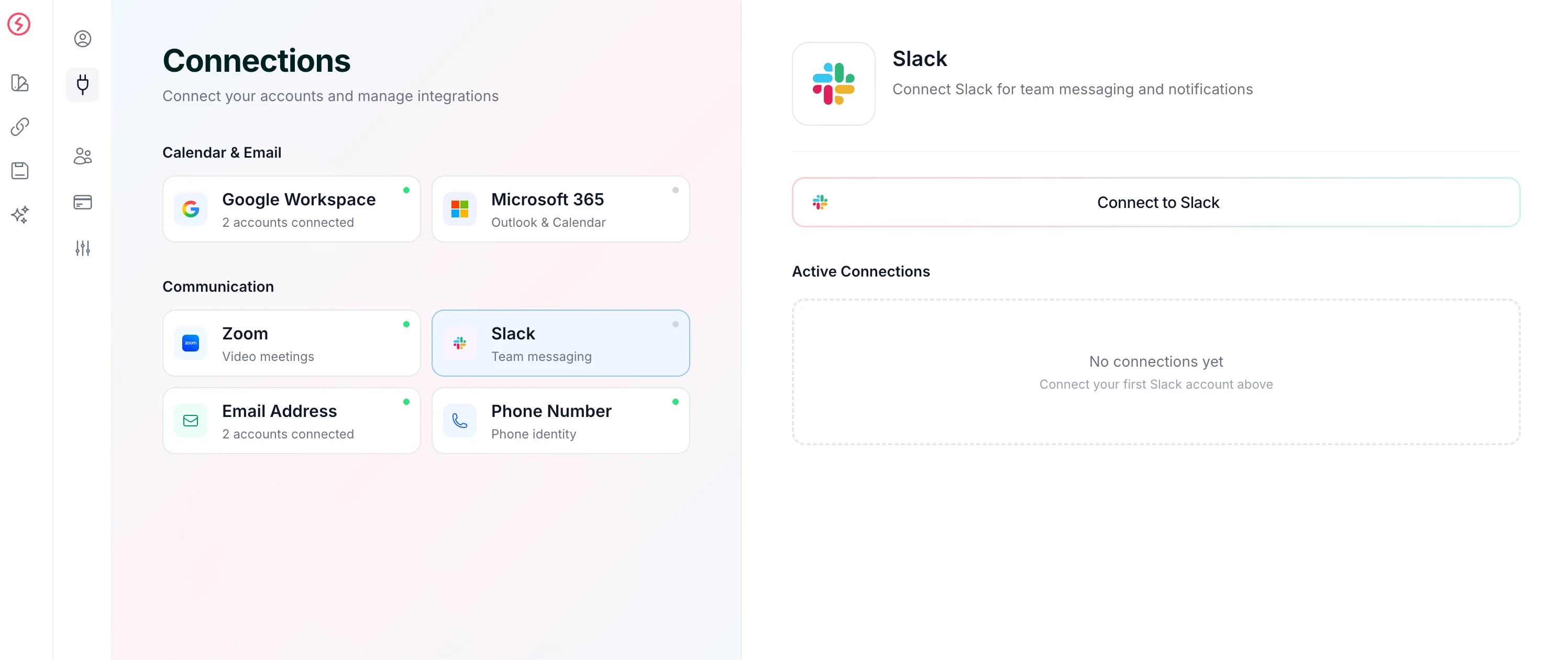 The Connections page with the Slack icon and a Connect to Slack button.