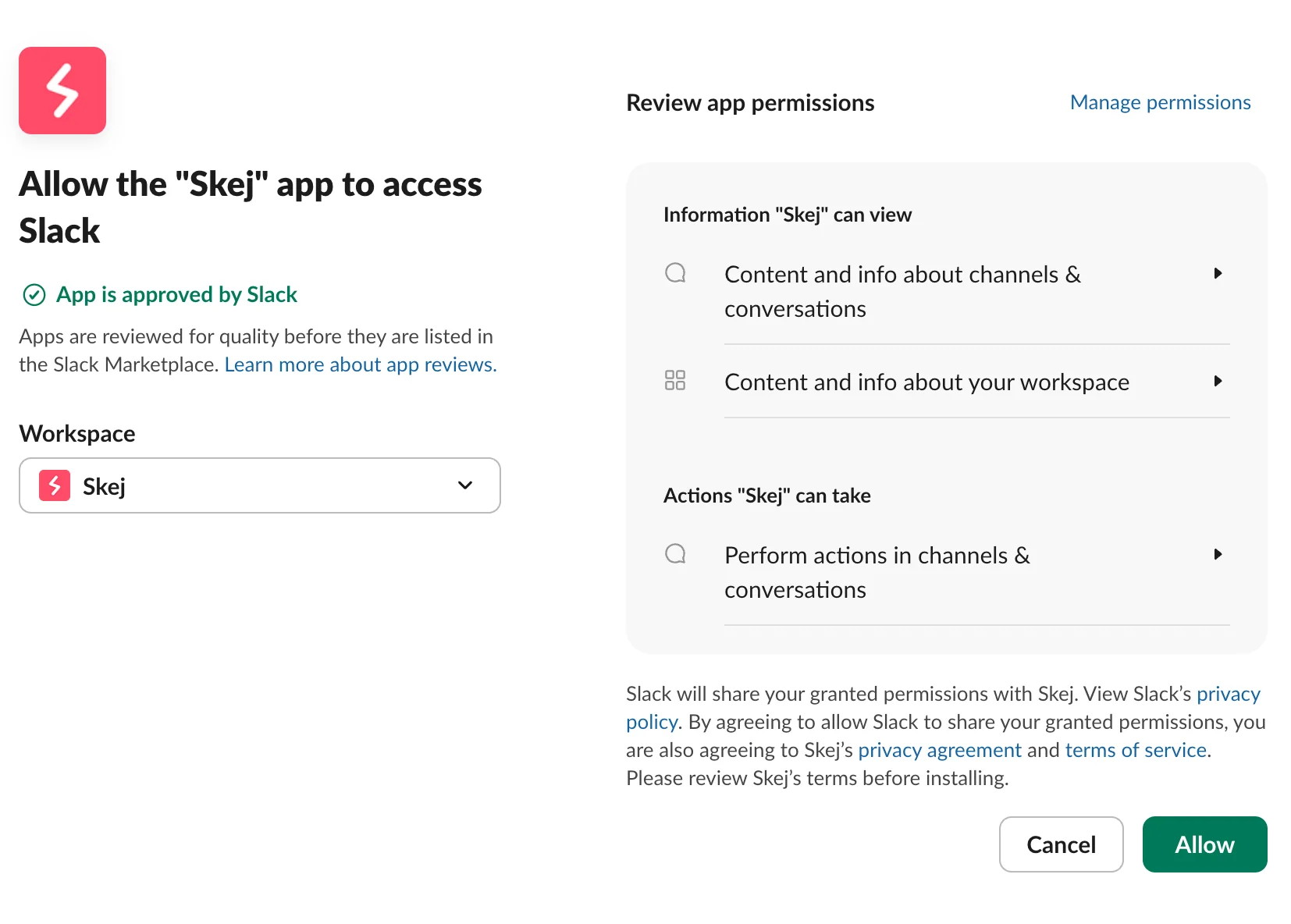 Slack's OAuth permission screen showing the permissions required to install Skej, with an Allow button.