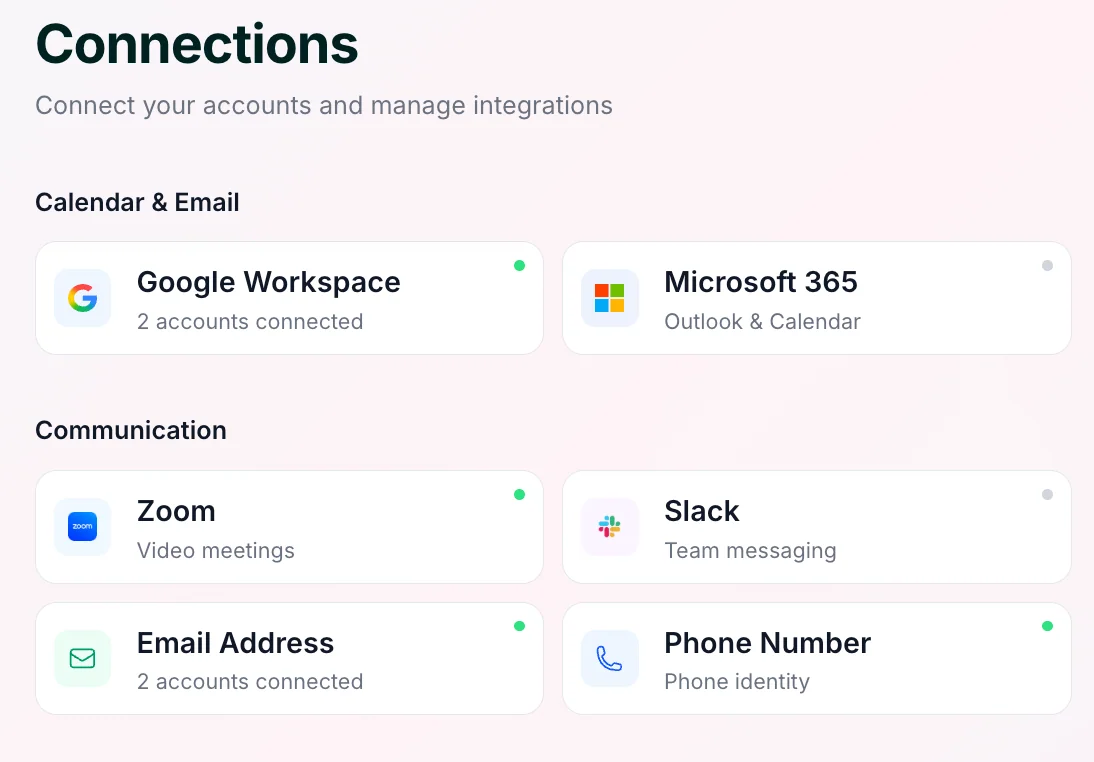 The Connections page with the Zoom option and a connect button.