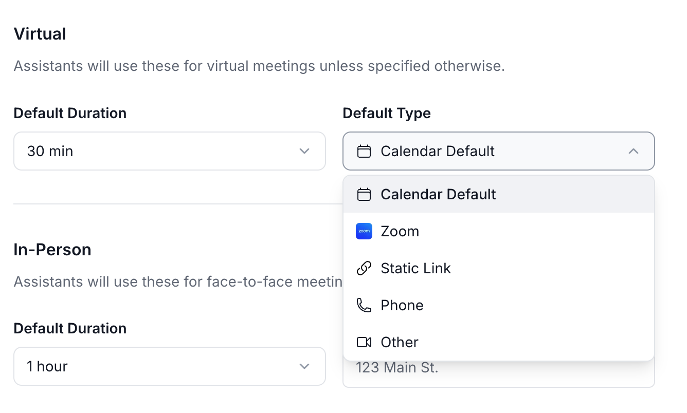 The preferences screen where you select Zoom as the default virtual meeting type.