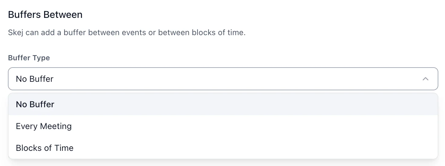 The Buffers tab in scheduling preferences showing block-of-time and every-meeting buffer options.