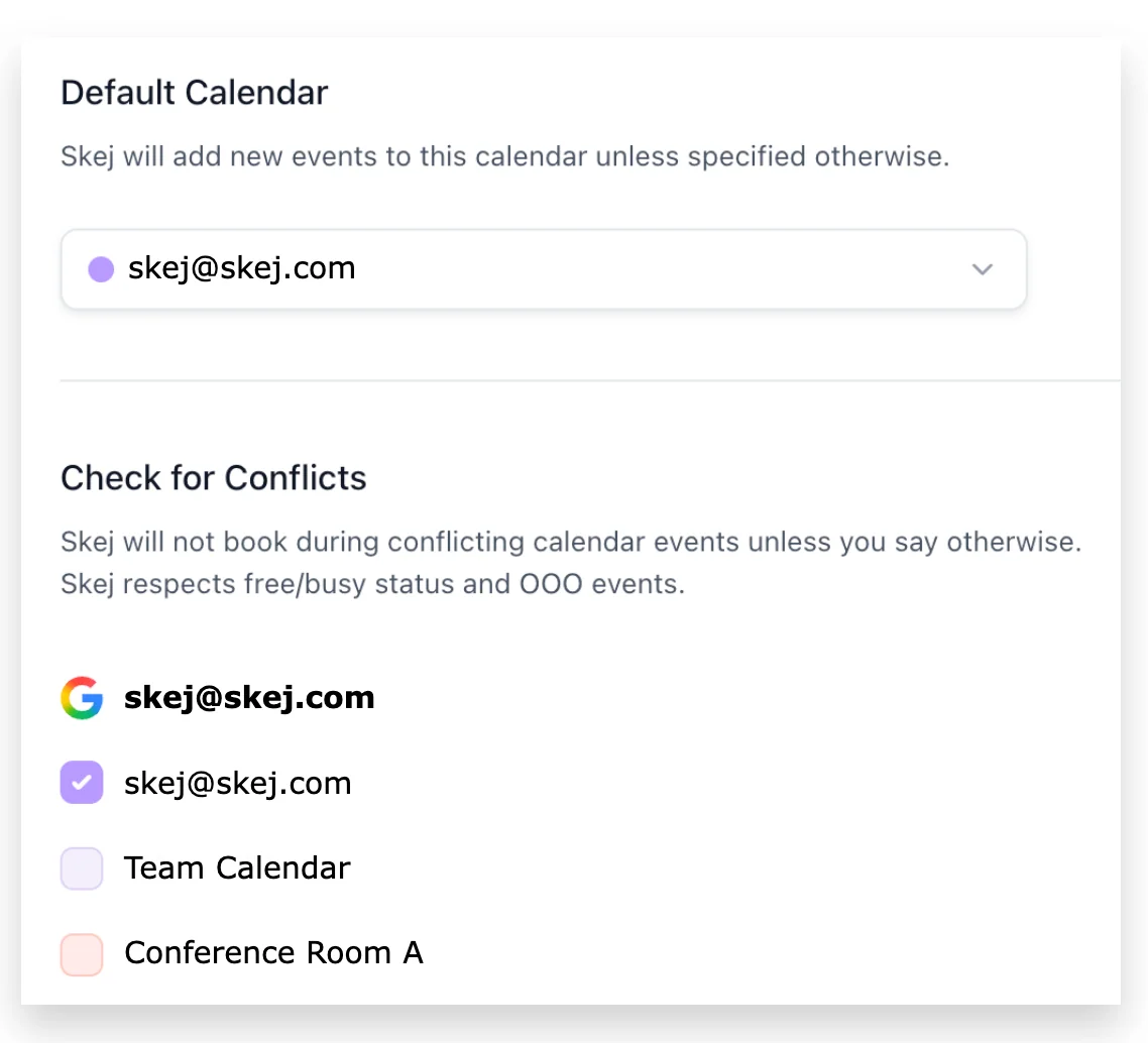The Calendars tab showing connected calendars selected for conflict checking.