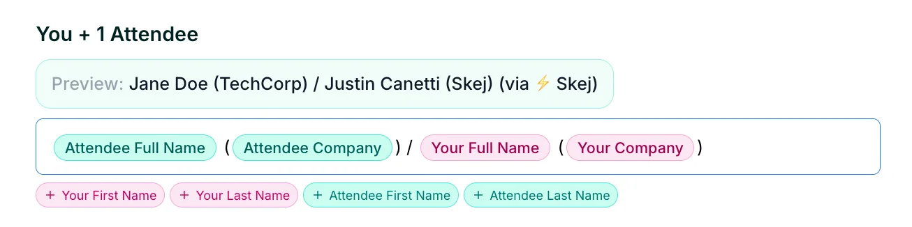 Event title format editor for a meeting with you plus one attendee.