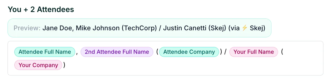 Event title format editor for a meeting with you plus two attendees.