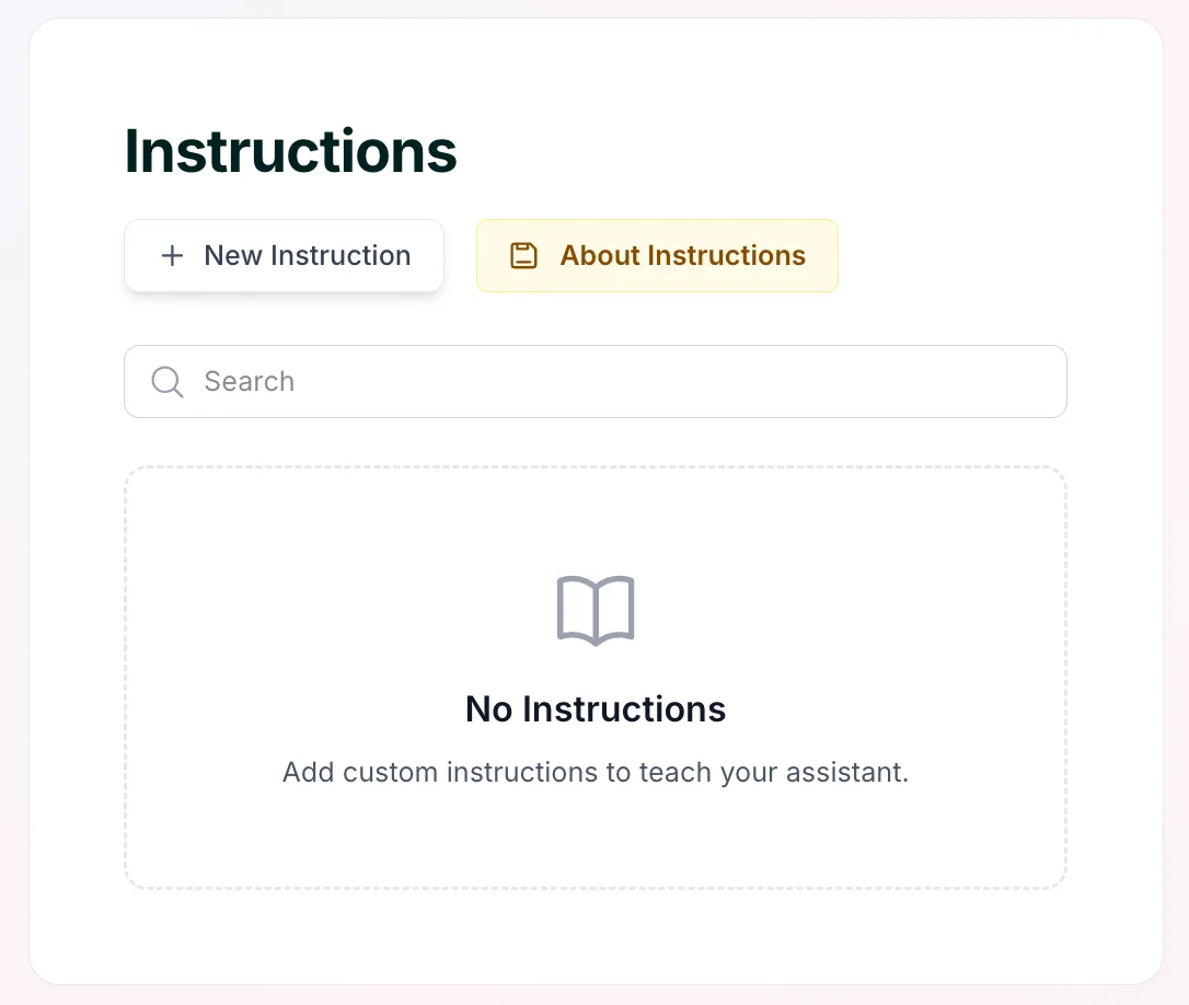 The Instructions panel in the Skej dashboard where custom instructions are added.