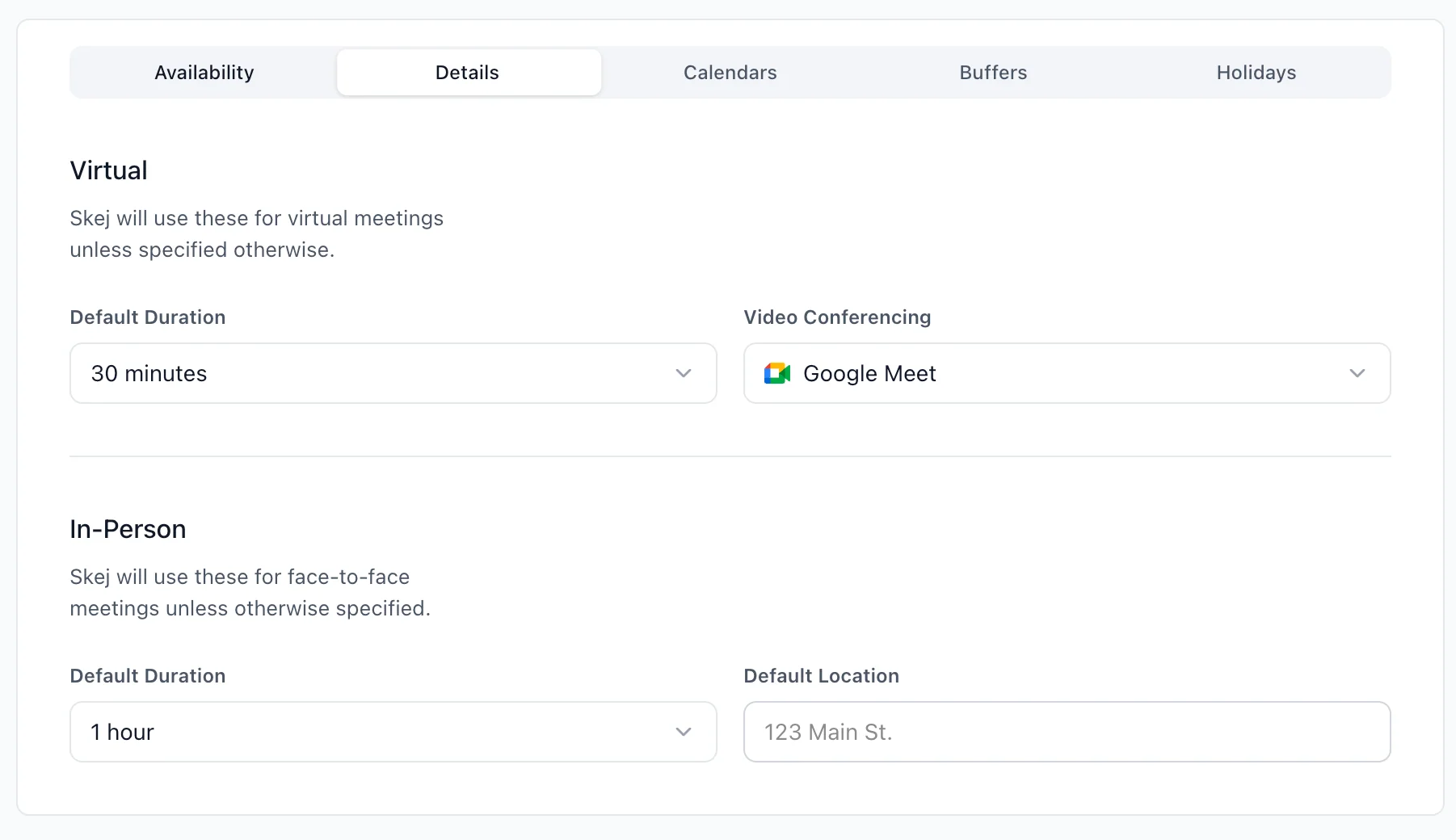 The Defaults tab of preferences showing default meeting duration and location settings.