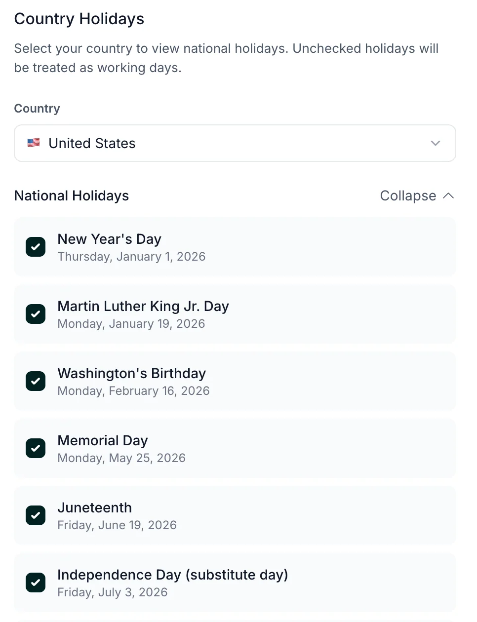 The Availability preferences showing a list of holidays that can be selected or unselected for Skej to avoid scheduling meetings on.