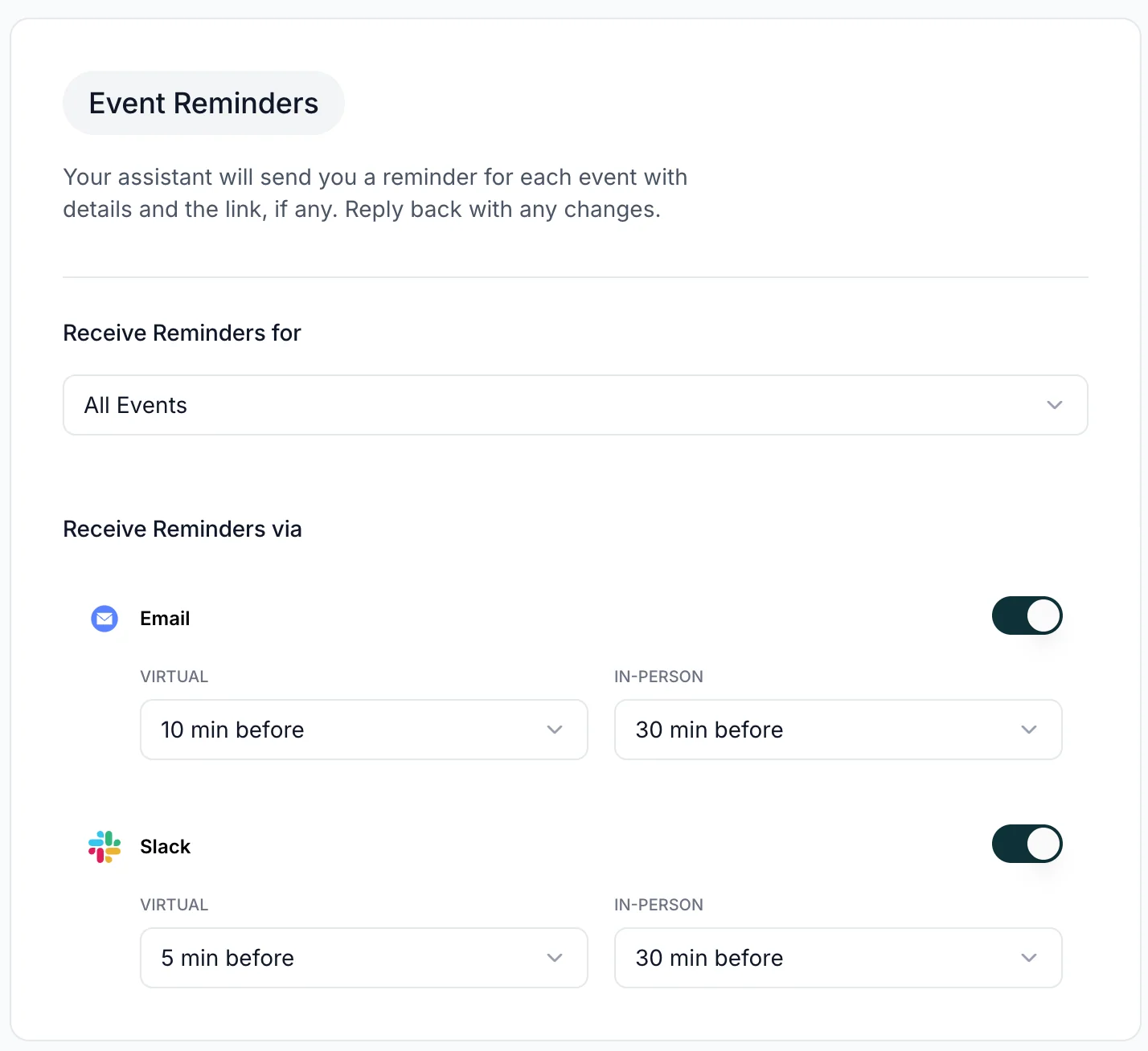 The Reminders settings showing options to choose when to receive event reminders, or to turn them off.