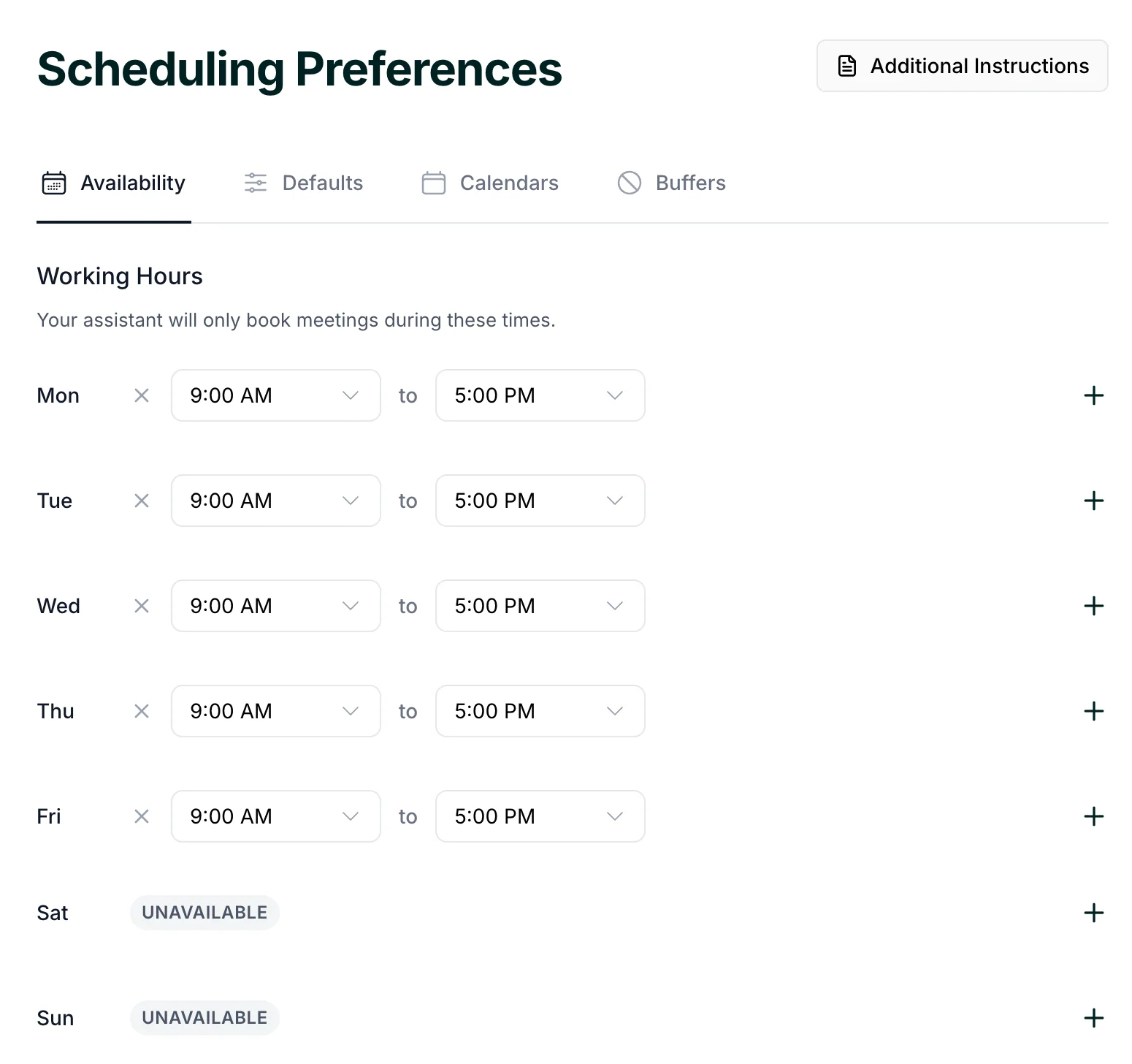 The Availability tab showing recurring work hours set for each day of the week.