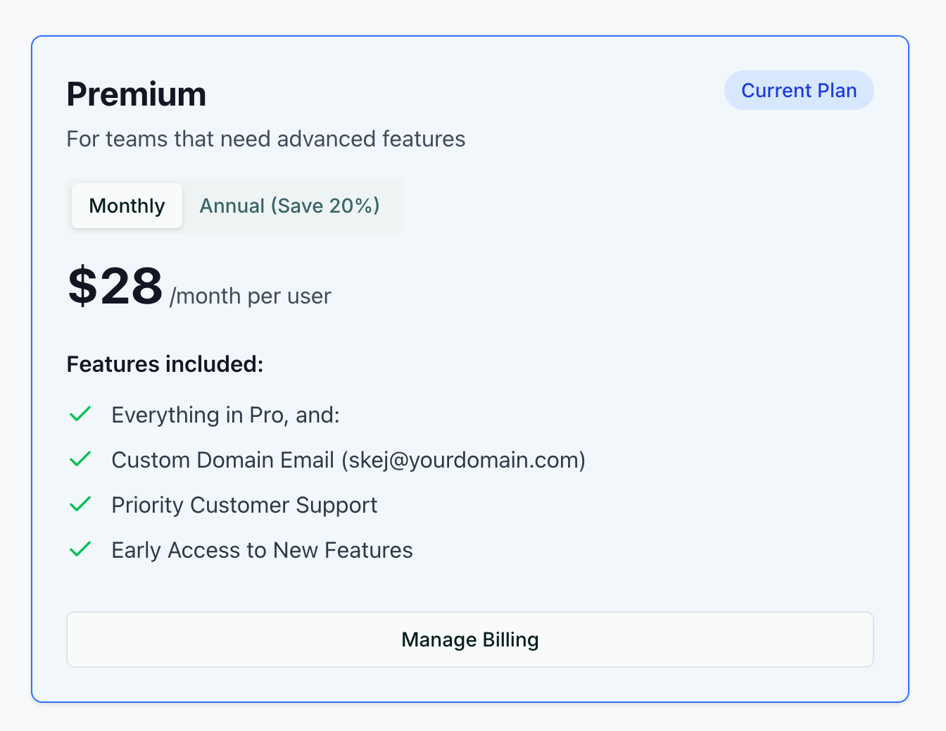 The Premium plan card showing the plan details and a Manage Billing button at the bottom.