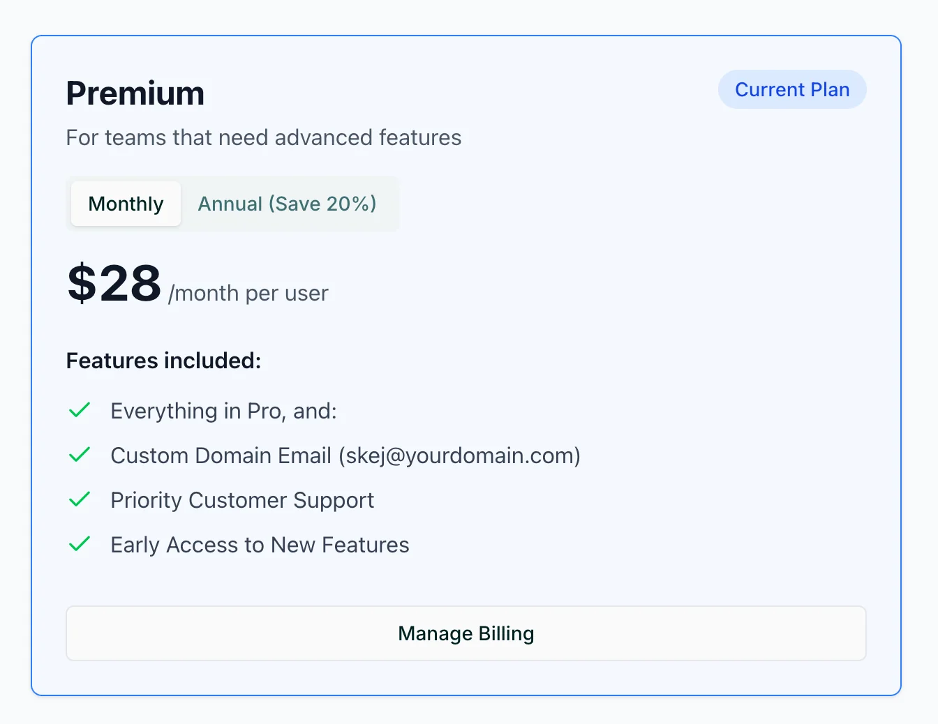 The Premium plan card showing the plan details and a Manage Billing button at the bottom.