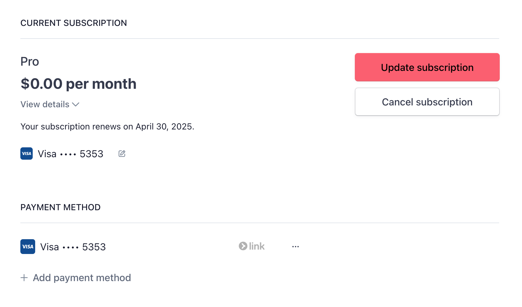 The subscription page showing the current plan and, under Payment Method, the saved card with an edit icon and an Add payment method link.