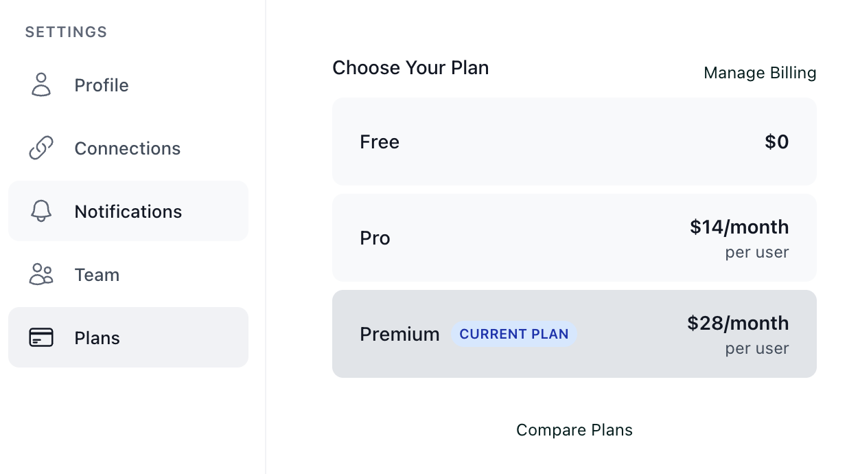 The Plans page in Skej settings showing the Free, Pro, and Premium plans.