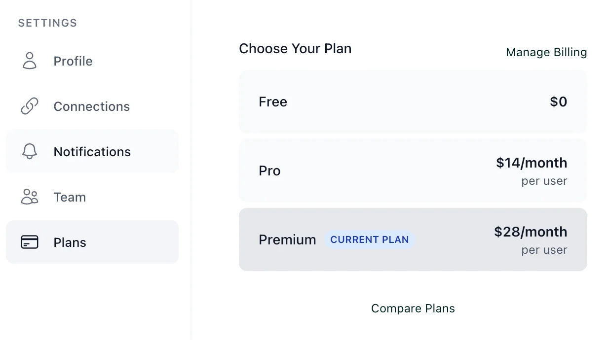 The Plans page in Skej settings showing the Free, Pro, and Premium plans.
