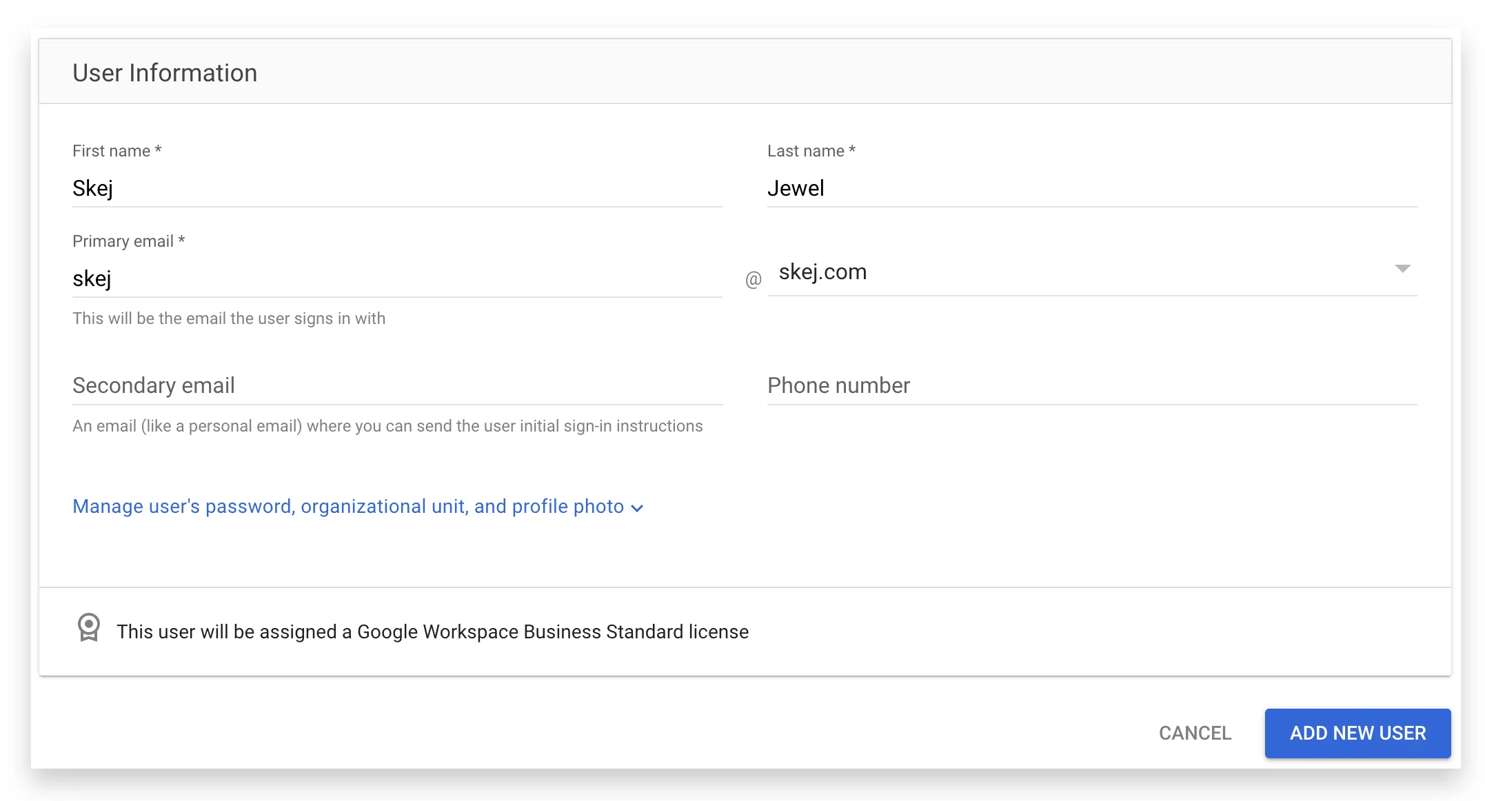 The Google Workspace new user form with a name and primary email filled in.