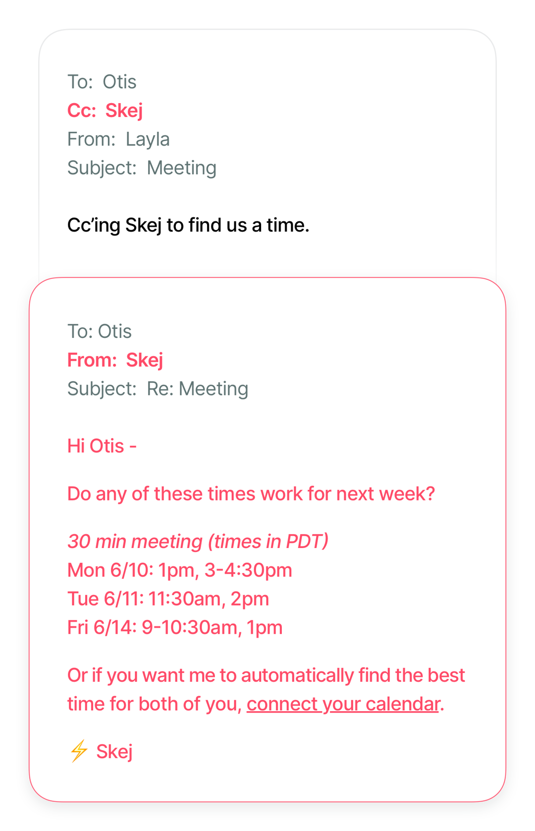 Skej AI Scheduling assistant email interface